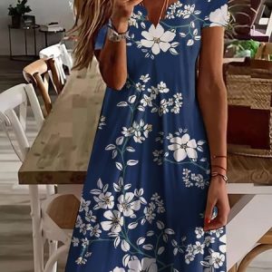 Jersey Casual Floral Lace Collar Dress, Short, color:Blue|size:XXL, Noracora