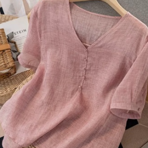 Buckle Plain Short Sleeve Casual Shirt, Blouses, color:Pink|size:XXL, Noracora