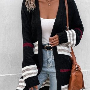 Striped Loose Casual Cardigan, Cardigans, color:Black|size:L, Noracora