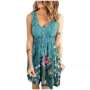Buckle Casual V Neck Floral Dress, Short, color:Green|size:XXL, Noracora