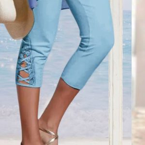 Lace Edge Knitted Casual Leggings, Leggings, color:Light Blue|size:XXL, Noracora