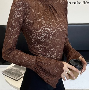 Plain Lace Turtleneck Casual Flare Long Sleeve Shirt, Blouses, color:Coffee|size:XXL, Noracora