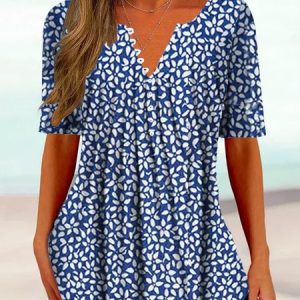 Casual Floral Crew Neck Loose Shirt, Blouses, color:Blue|size:XXL, Noracora