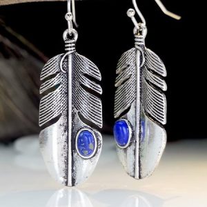 Cross-border hot-selling bohemian style gemstone feather earrings retro silver European and American high-end earrings, Earring, color:Blue, Noracora