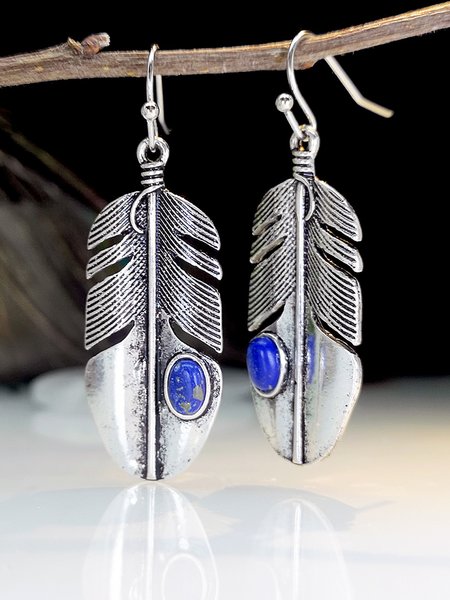 Cross-border hot-selling bohemian style gemstone feather earrings retro silver European and American high-end earrings, Earring, color:Blue, Noracora