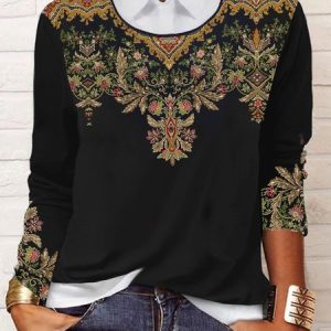 Loose Casual Ethnic Printed Color Block Jersey Top, Blouses, color:Black|size:XXL, Noracora