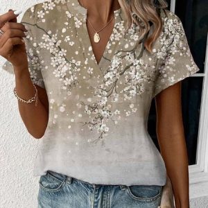 Casual Floral Notched Loose Shirt, Blouses, color:Khaki|size:XXL, Noracora