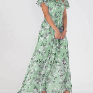 Women's Holiday sage green Dress Floral Chiffon Skirt Short Sleeve Floral Ruffle Spring Summer V Neck Fashion Daily Dating Vacation, Maxi, color:Green|size:XXL, Noracora