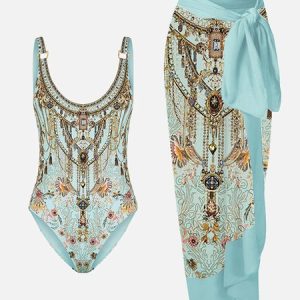 Vacation Abstract Printing Scoop Neck One Piece With Cover Up, Swimsuit with Cover Ups, color:Green|size:XXL, Noracora