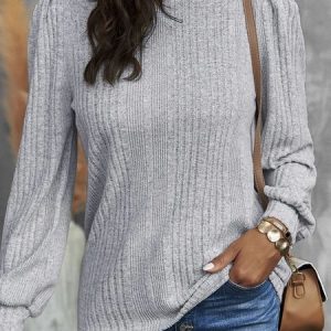 Plain Buckle Casual Half Turtleneck Top, Blouses, color:Gray|size:XXL, Noracora