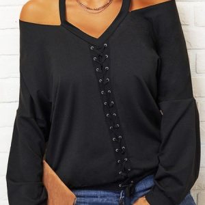 Casual V Neck Long Sleeve Top, Tops, color:Black|size:3XL, Noracora