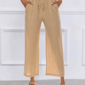 Plain Lace-up Pockets Casual Pants, Pants, color:Khaki|size:XXL, Noracora