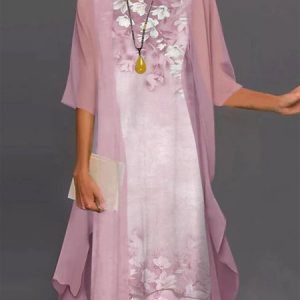 Elegant Floral Short sleeve Woven Dress two-piece, Midi, color:Pink|size:XXL, catalog Noracora shop