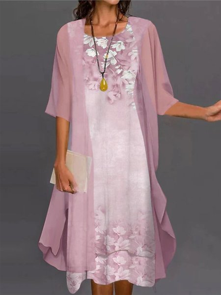 Women's Shift Dress Midi Dress half Sleeve Floral Print Spring Summer 2PCS V Neck Casual Dress, JustFashionNow Casual Dresses, color:Pink|size:XXL,