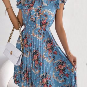 Floral Casual Loose Dress, Short, color:Royal Blue|size:XL, Noracora