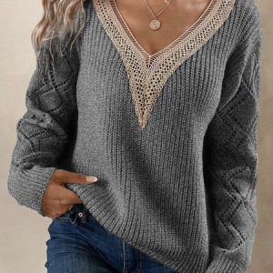 V Neck Plain Wool/Knitting Sweater, Sweaters, color:Gray|size:XXL, Noracora
