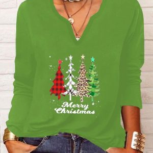 Casual Christmas Trees Long Sleeve V Neck Printed Top T-shirt, T-shirts, color:Green|size:XXL, Noracora