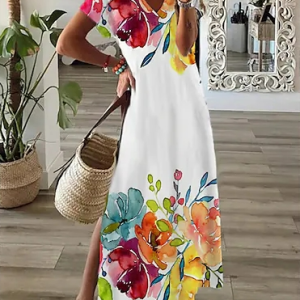 Floral V Neck Vacation Dress, Maxi, color:White|size:XXL, Noracora
