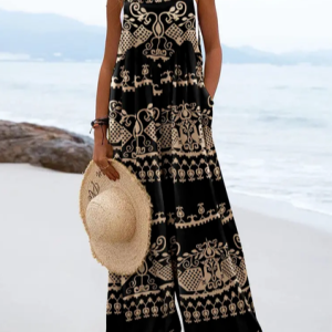 Ethnic Square Neck Loose Casual Jumpsuit, Jumpsuits&Rompers, color:Black|size:XXL, Noracora