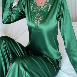 Plain Lace Long Sleeve Top With Pants Casual Pajama Set, Pajamas, color:Green|size:3XL, Noracora