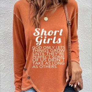 Letters Long Sleeve Crew Neck Buttoned Casual Tunic T-Shirt, Blouses, color:Orange|size:XXL, Noracora