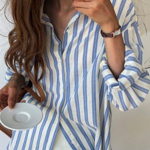 Buckle Striped Long Sleeve Casual Blouse, Shirts, color:Blue|size:XL, Noracora