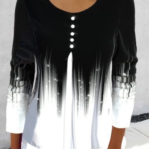 Crew Neck Party Gradient Pattern tunic T-Shirt, T-shirts, color:Black-white|size:XXL, Noracora