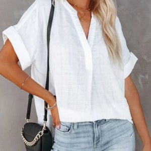 Casual Short sleeve Stand Collar Tunic Blouse, Blouses, color:White|size:XXL, Noracora
