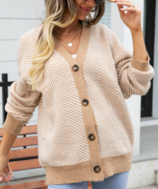 Striped Casual V Neck Cardigan With No, Cardigans, color:Khaki|size:XL, Noracora