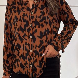 Crew Neck Street Leopard Shirt With No, Shirts, color:Brown|size:XL, Noracora