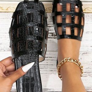 Hollow out Square Toe Slide Sandals, Sandals, color:Black|size:43, Noracora
