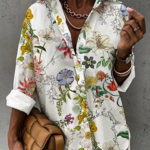 Floral  Shirt Collar Blouse, Blouses, color:White|size:XXL, Noracora