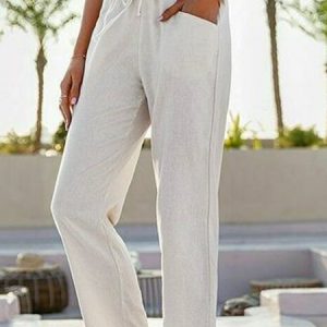 Casual Cotton Solid Pockets Loose Ninth Pants, Pants, color:White|size:XXL, Noracora
