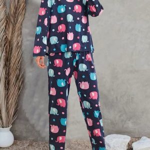Crew Neck Casual Elephant Pajama Set With No, Pajamas, color:Blue|size:XL, Noracora