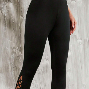 Plain Casual Criss Cross Hem Capris Leggings, Leggings, color:Black|size:XXL, Noracora