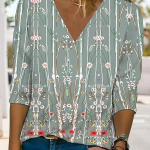 Loose Floral Casual Jersey T-shirt, T-shirts, color:Green|size:XXL, Noracora