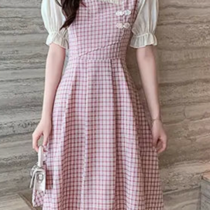 Plaid Short Sleeve Casual Buckle Dress, Short, color:Pink|size:XXL, Noracora
