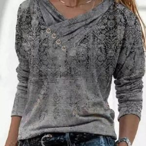 Cotton Blends Tribal Cowl Neck T-shirt, Blouses, color:Gray|size:XXL, Noracora