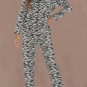 Leopard Regular Fit Casual Shirt Collar Pajama Set With No, Pajamas, color:zebra-stripe|size:XL, Noracora