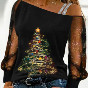 Christmas Casual Mesh Top, Tops, color:Black|size:XXL, Noracora