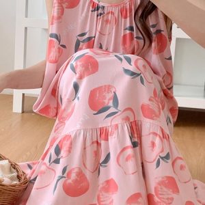 Breathable Casual Loose Floral Print Nightdress, Pajamas, color:Dusty Pink|size:One-size, Noracora