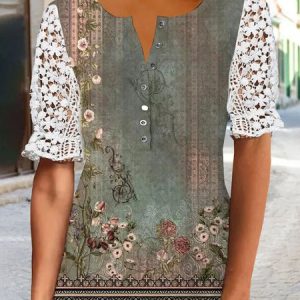 Floral Loose Casual Buttoned Shirt, Blouses, color:Green|size:3XL, Noracora