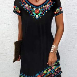 Vacation Regular Fit V Neck Floral Short Sleeve Knit Dress, Midi, color:Black|size:XXL, Noracora