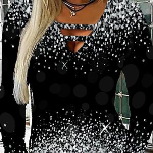 Christmas Casual Long Sleeve V Neck Printed Tunic Top, Blouses, color:Black|size:XXL, Noracora