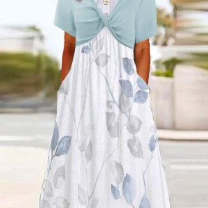 Casual Loose Crew Neck Leaf Dress, Maxi, color:Blue|size:XXL, Noracora