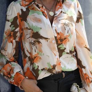 Shirt Collar Buckle Casual Blouse, Shirts, color:Orange|size:XXL, Noracora