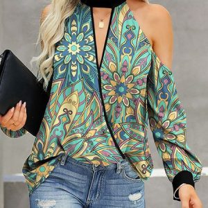 Loose Tribal Crew Neck Long Sleeve Tops, Blouses, color:Green|size:XXL, Noracora