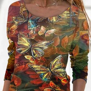 Long Sleeve Crew Neck Butterfly T-shirt, T-shirts, color:Multicolor|size:3XL, Noracora