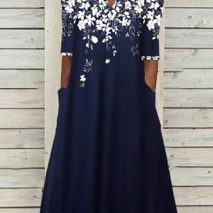 Elegant Loose Floral Dress, Maxi, color:Deep Blue|size:XXL, Noracora