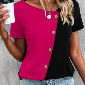 Casual V Neck Two Tone Button Front Color Block T-Shirt, T-shirts, color:Rose Red|size:XXL, catalog Noracora shop